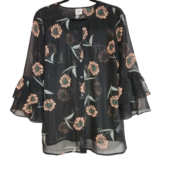 Cabi Sheer Black Floral Button Front Top Tiered Ruffle Sleeves Size S Whimsical - Picture 2 of 10